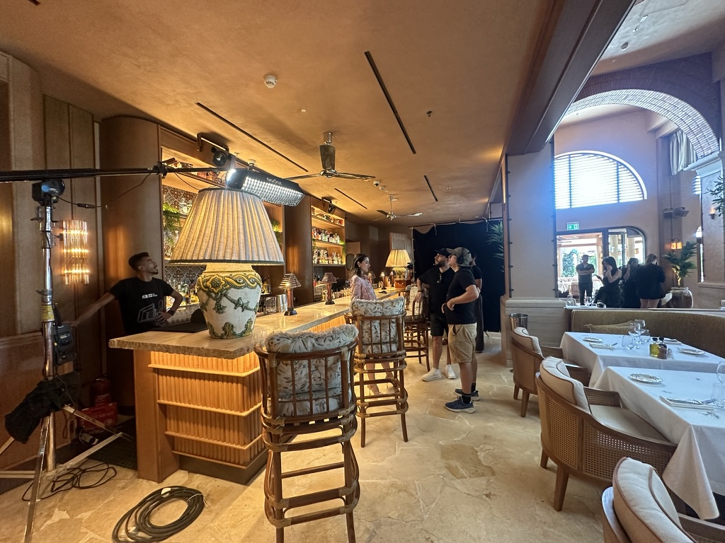 Lighting rig on location at a restaurant shoot