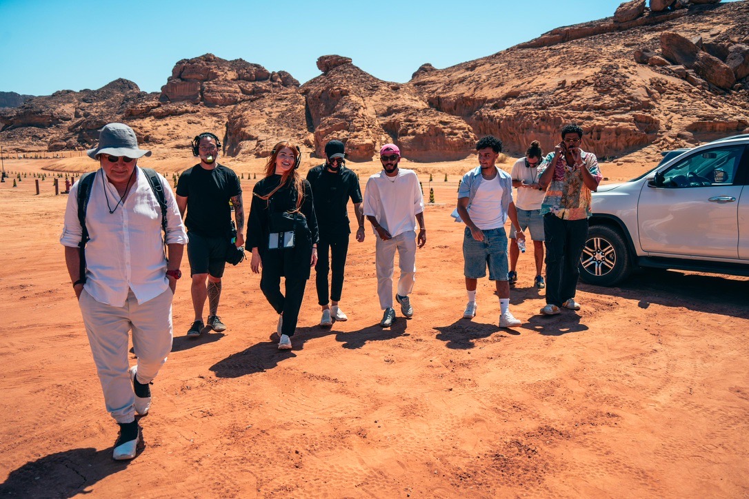 Walking the crew through the AlUla desert location, Saudi Arabia